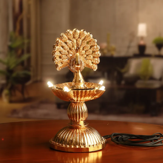 Gold Finish LED Peacock Diya – Decorative Electric Diya for Pooja & Festivals
