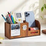 6-in-1 Desk Organizer with Clock, Calendar & Mobile Stand – Premium MDF Wooden Finish