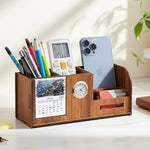 6-in-1 Desk Organizer with Clock, Calendar & Mobile Stand – Premium MDF Wooden Finish