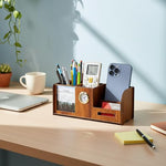 6-in-1 Desk Organizer with Clock, Calendar & Mobile Stand – Premium MDF Wooden Finish