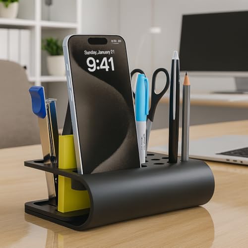Acrylic Tiny Twist Pen & Phone Stand – 3-Slot Mini Desk Organizer, Black