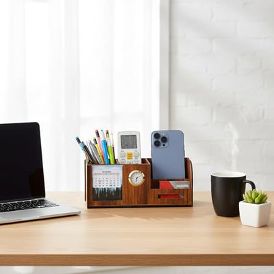 6-in-1 Desk Organizer with Clock, Calendar & Mobile Stand – Premium MDF Wooden Finish